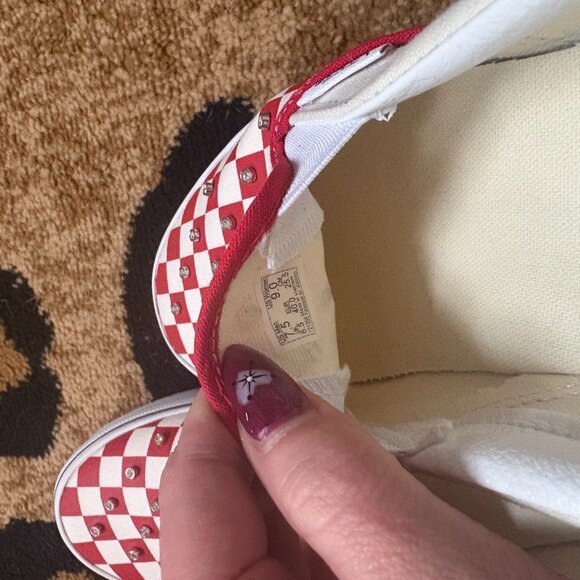 Vans Classic Slip-On – Red & White Checkerboard with Rhinestone Studs - Picture 3 of 8